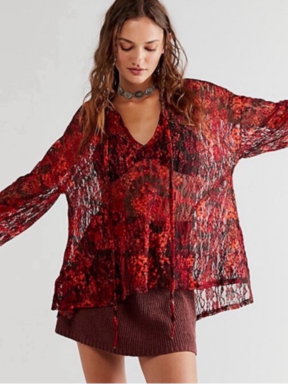 Free People Out for the‎ Night Top Long Sleeve Lace Sheet Size Large